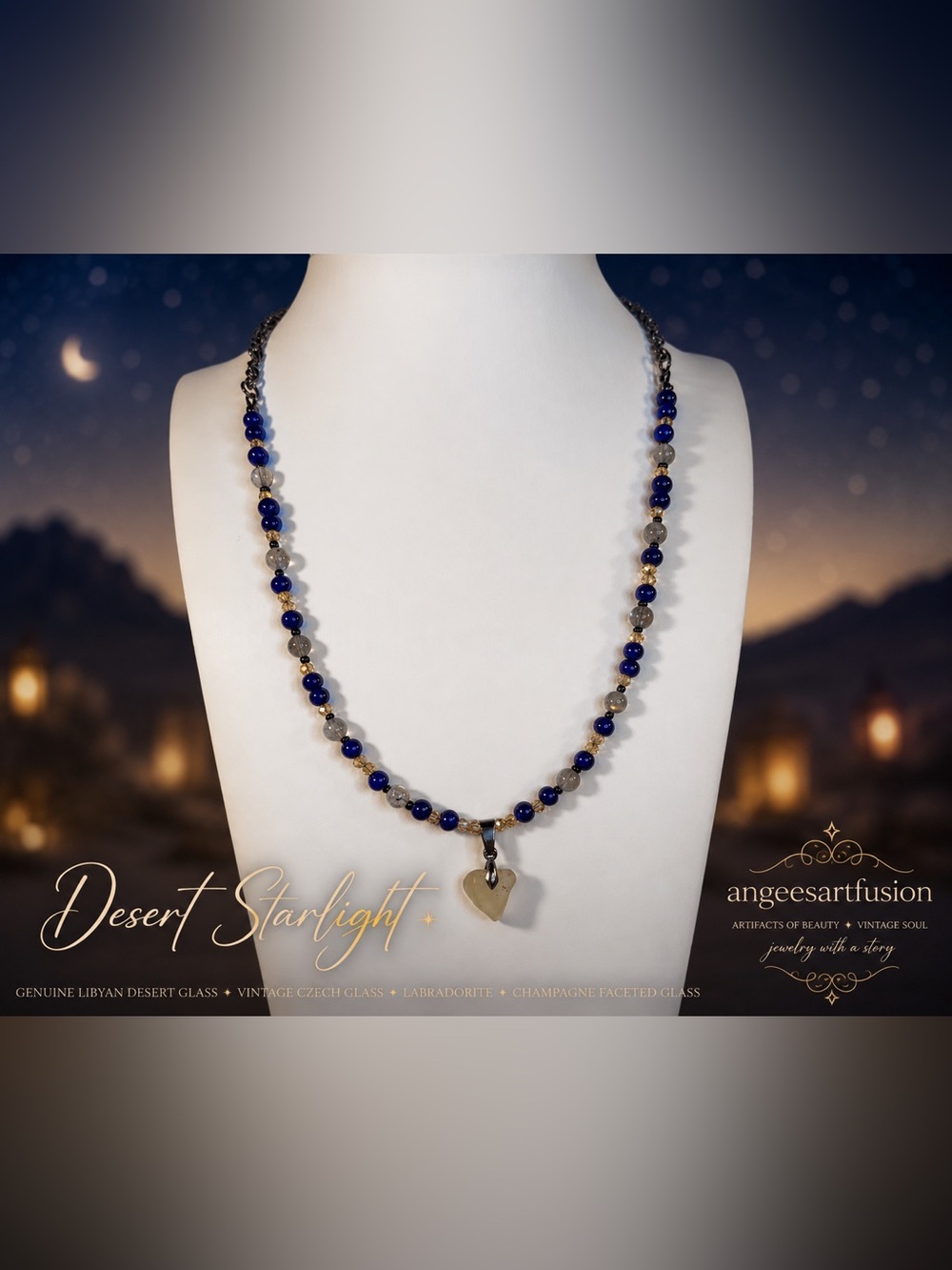 “Desert Starlight”- Libyan Desert Glass Labradorite Czech Glass Necklace